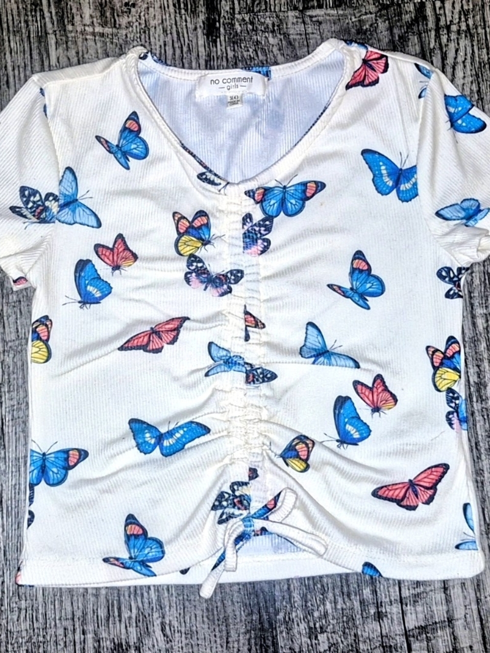 Girls White Butterfly Ruched Short Sleeve Tee, Ties @ Bottom
